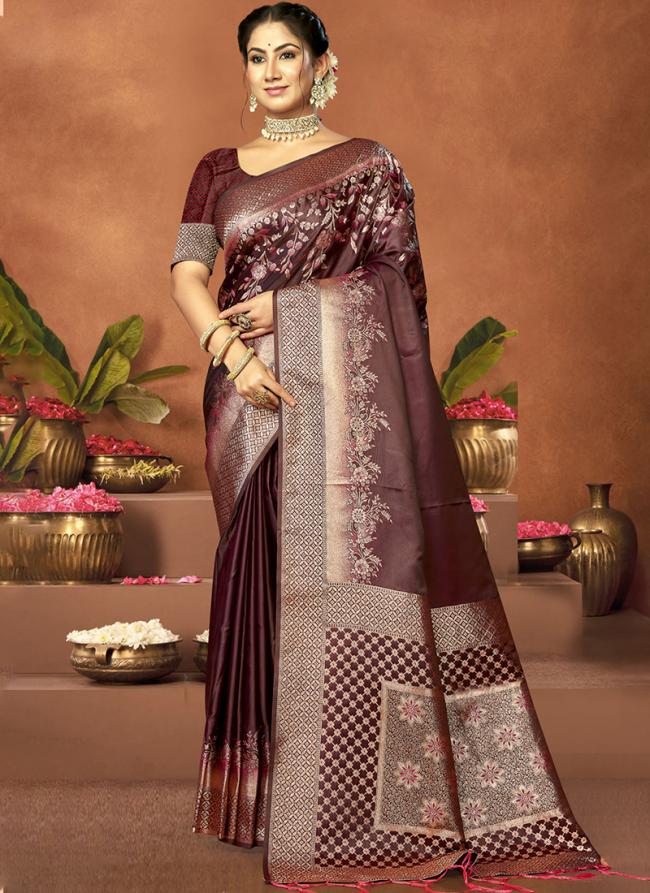 Sattin Silk Brown Wedding Wear Printed Saree